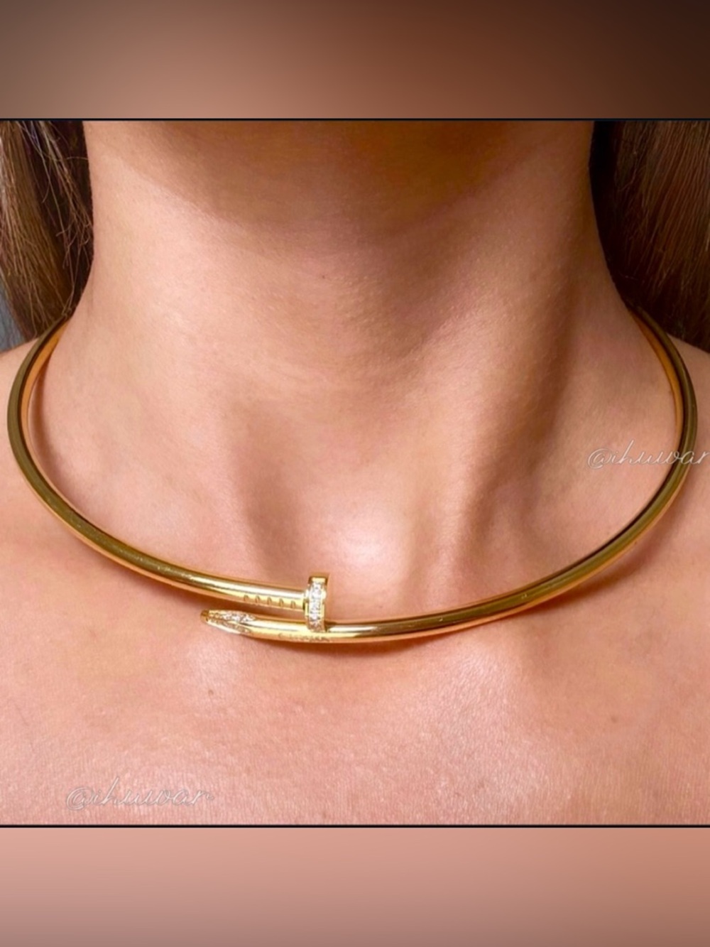 Nail Choker 18K Gold Plated Pave Zirconia Screw Motif Statement Necklace - Picture 12 of 13